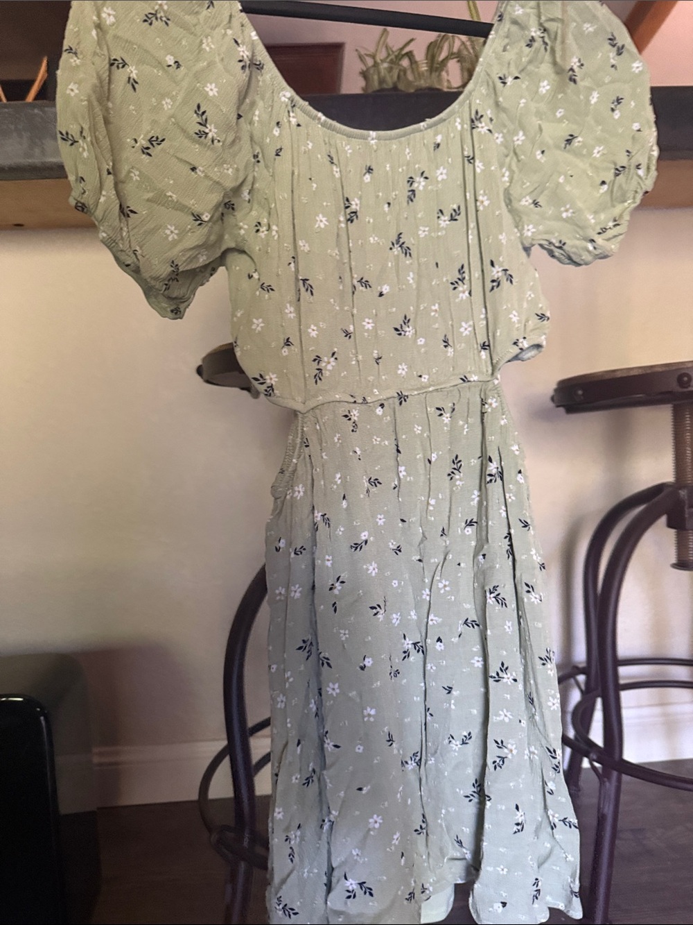Altar'd State Sage Green Floral Puff-Sleeve Midi Dress